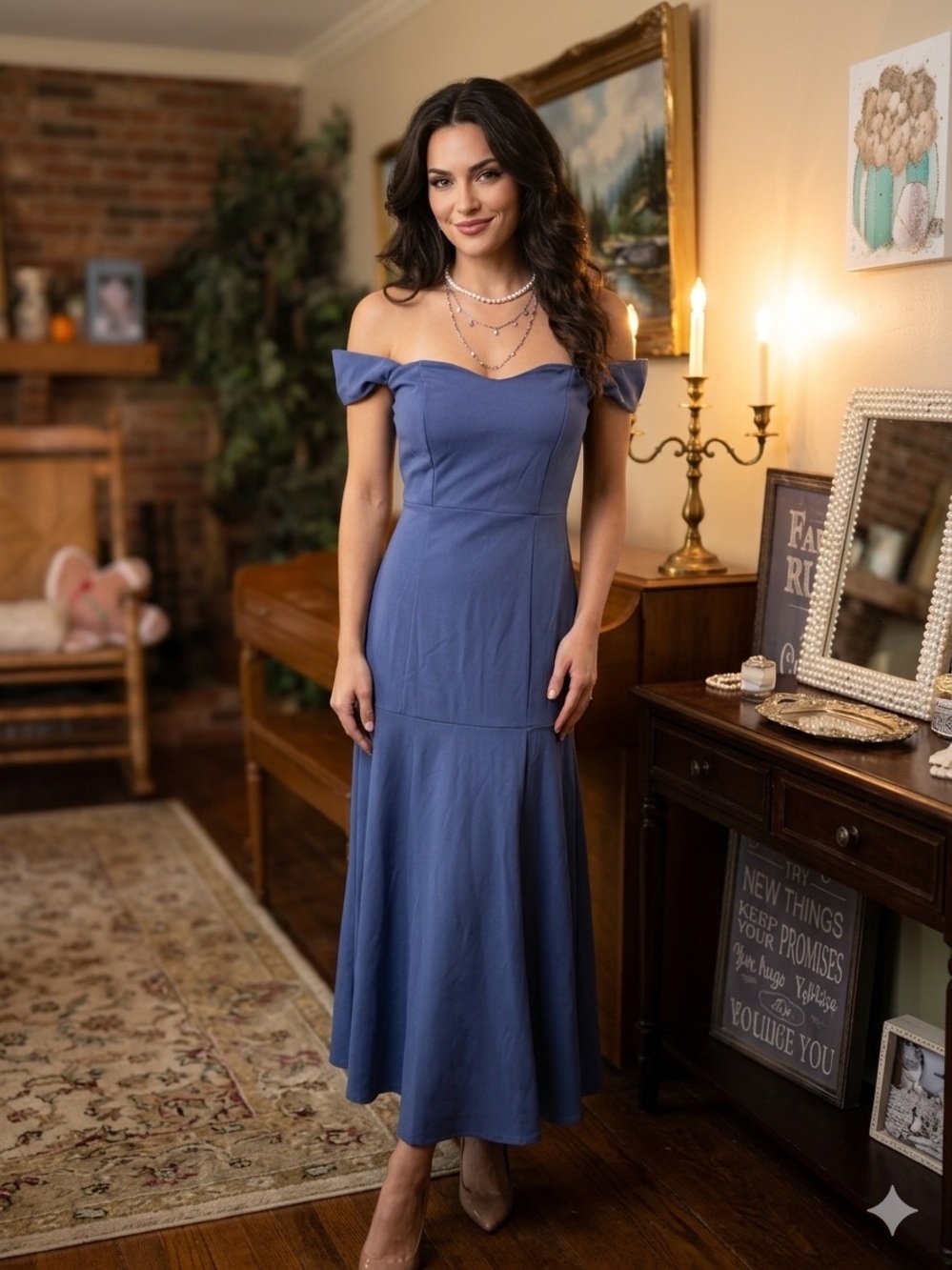 Off-Shoulder Midi Dress in Dusty Blue NWT